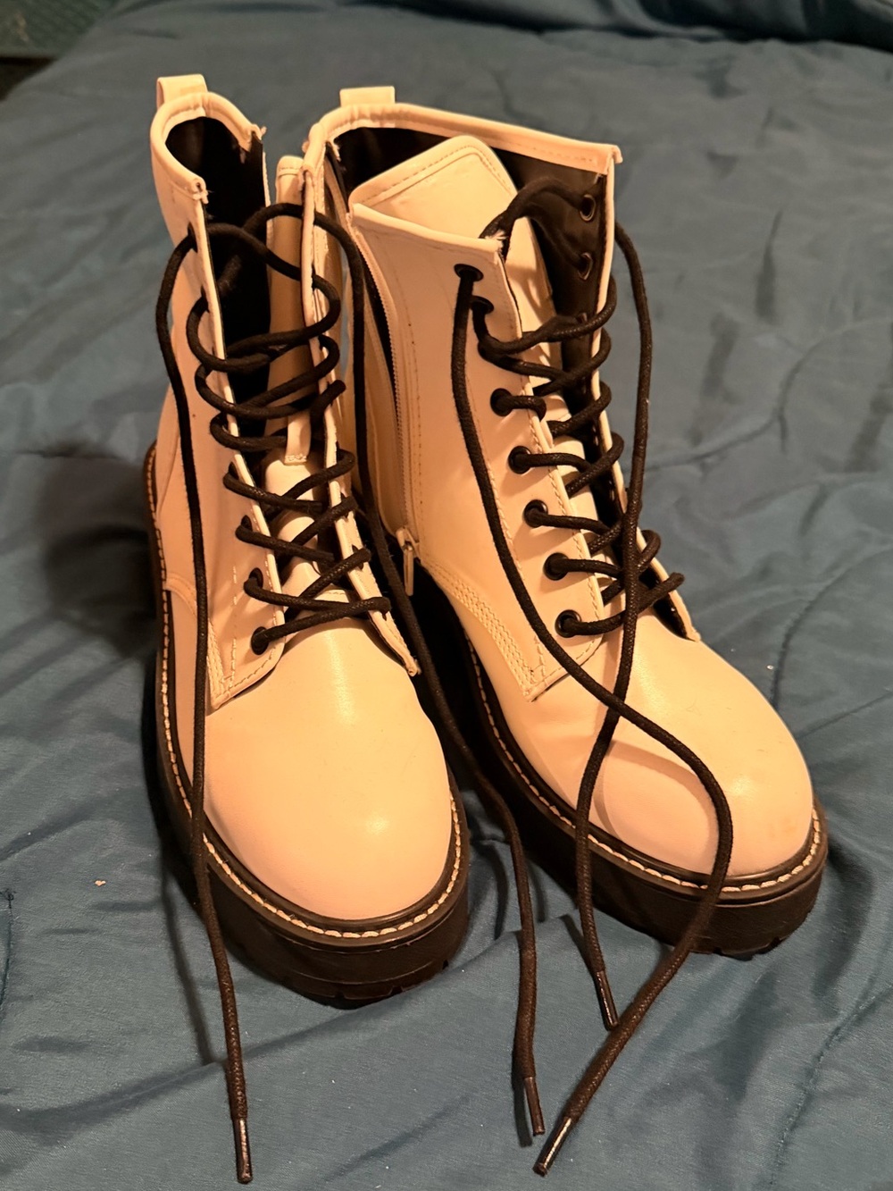 Madden Girl Cream Lace-Up Platform Combat Boots with Black Sole